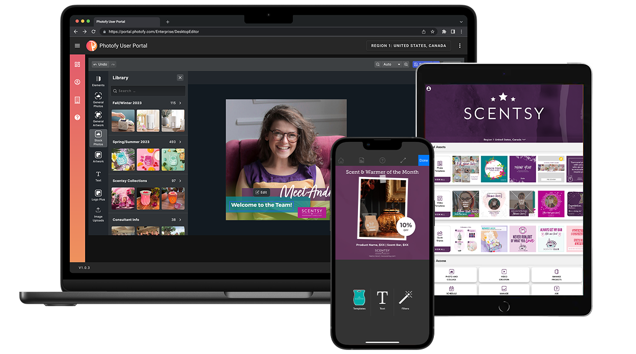 Photofy app on mobile and tablet for Scentsy consultants, featuring easy content creation with exclusive desktop editing access for Photofy + Photofy subscribers.